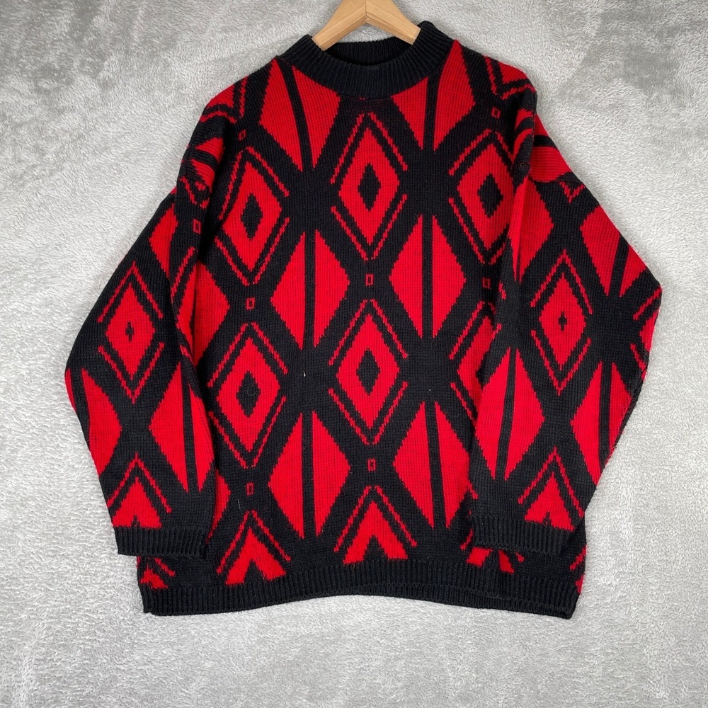 American Pride Sweater‎ Mens Large Red Diamond Geometric Knit Vintage 90s USA